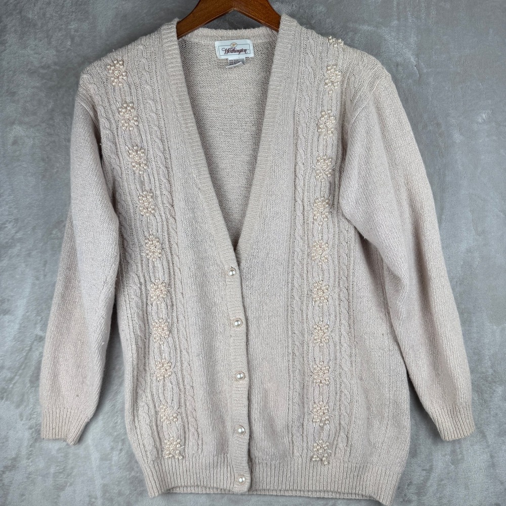 Vintage Grandma Pearl Embellished‎ Shoulder Knit Sweater pink oatmeal Beige